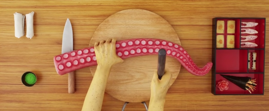 stop-motion sushi-making scene