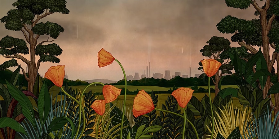 poppies with the city