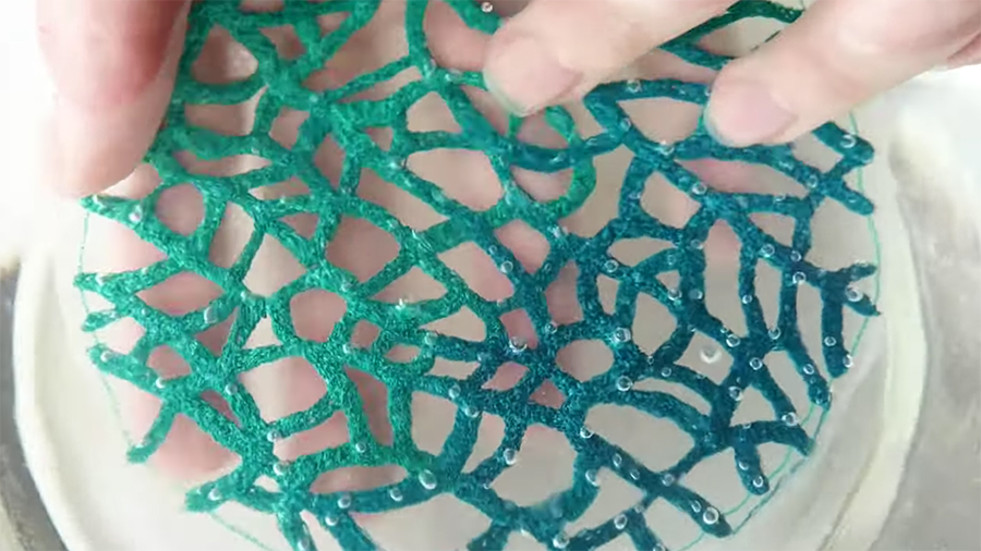 embroidered coral structure as soluble cloth dissolves