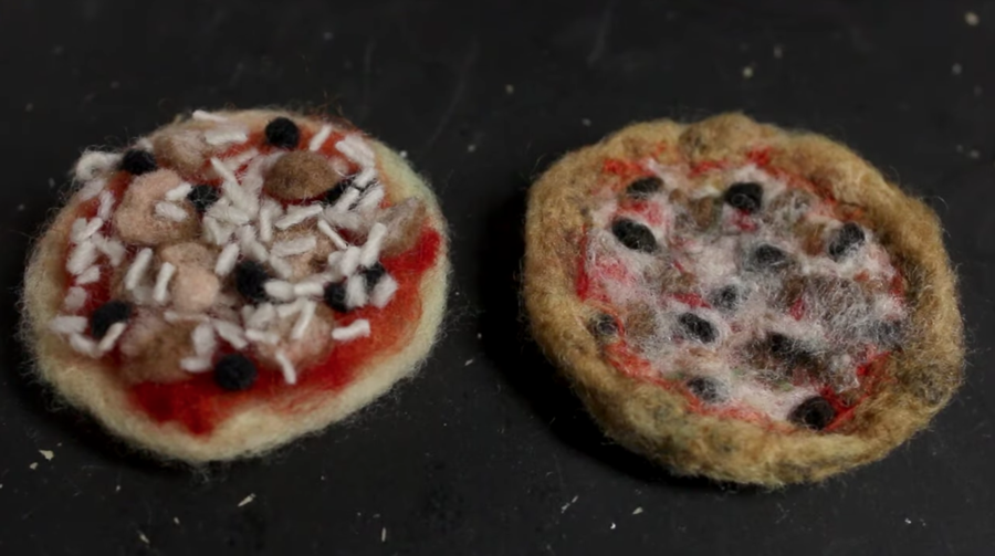 uncooked and cooked wool pizzas