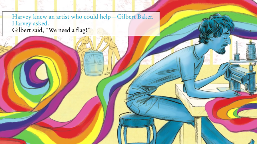 Gilbert Baker sews a rainbow flag