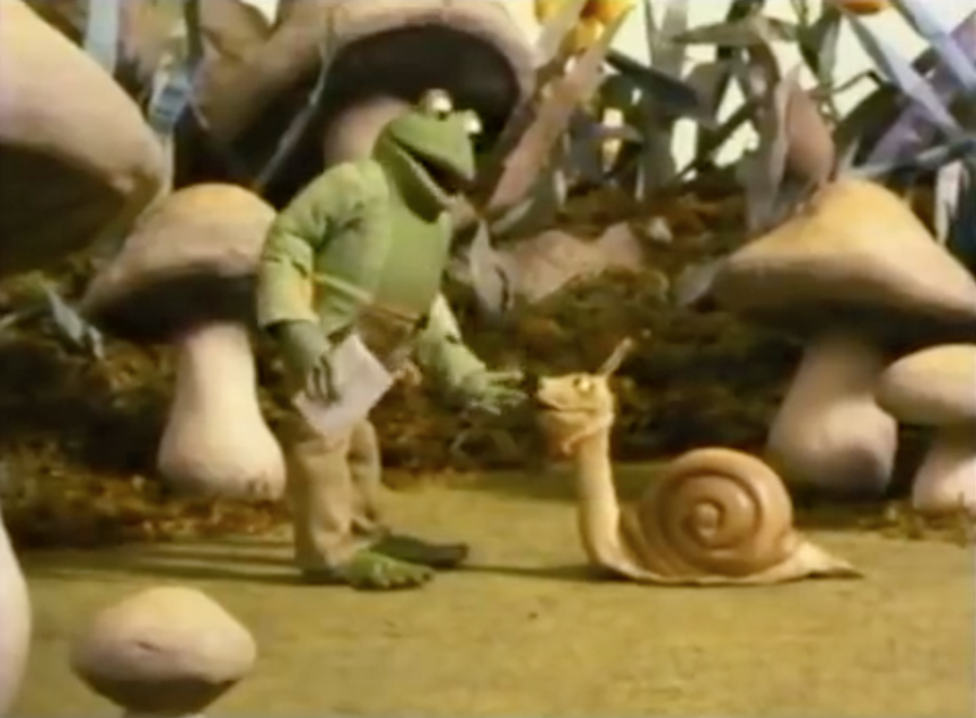 frog gives a letter to a snail